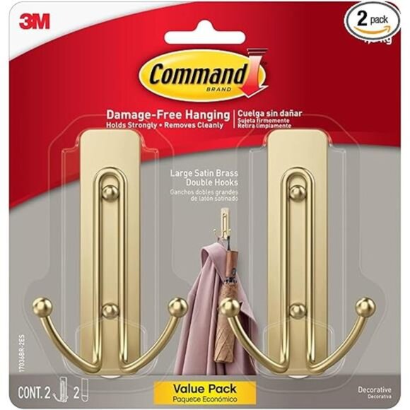 Large Satin Brass Double Hooks, 2 Coat Hooks and 2 Command Strips, Damage-Free - Picture 8 of 8